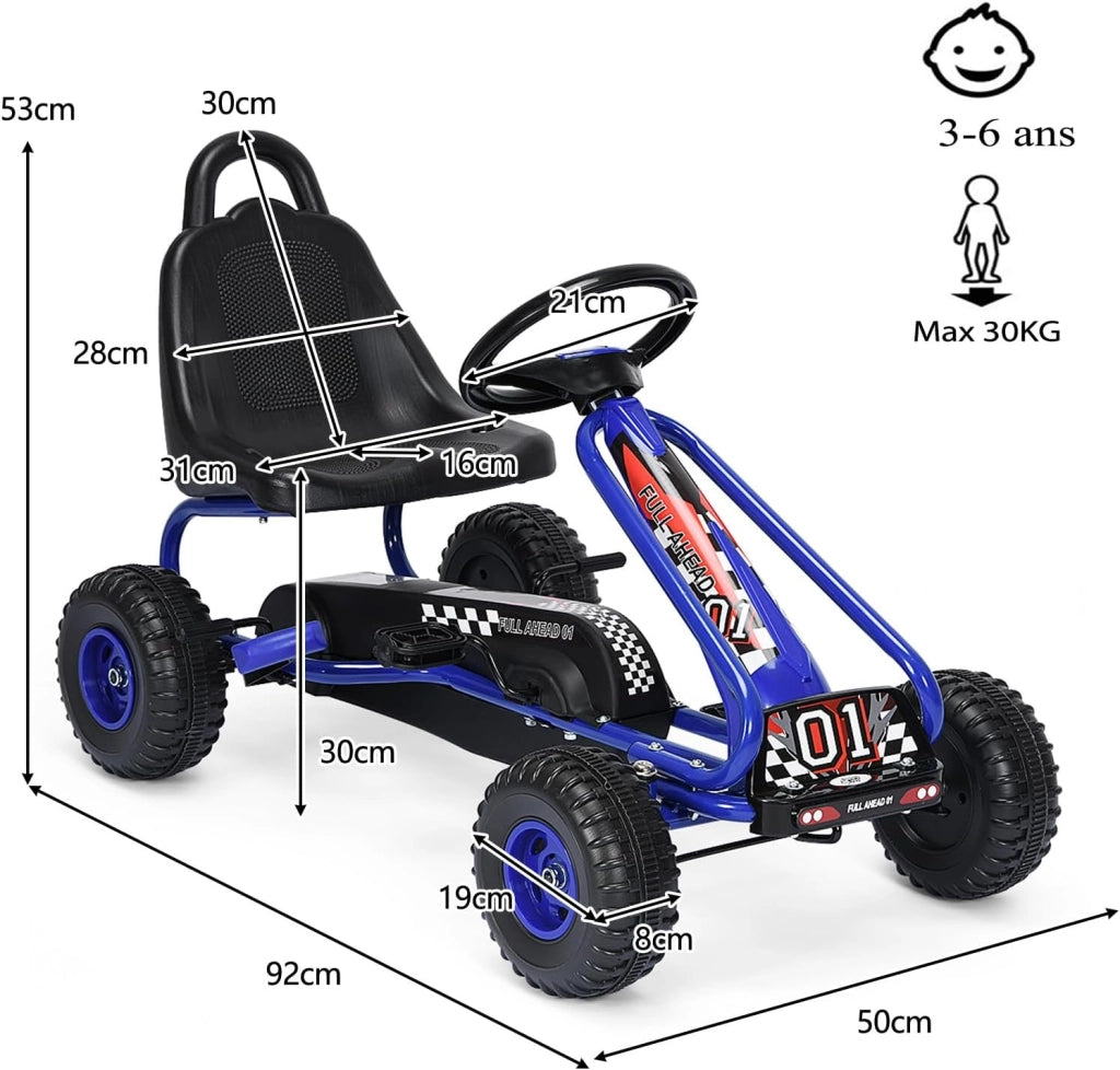 Go Kart a Pedali per Bambini, Macchina per Bambini con Sedili Regolabili in 2 Posizioni e 4 Ruote Antisdrucciolo, Carico 30 kg, per 3 Anni + (Blu, 92 X 50 X 53 CM)