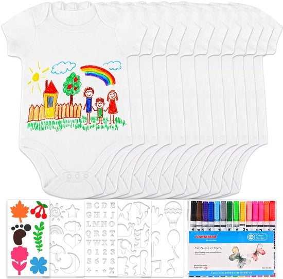 12 pezzi di tessuto per dipinti, set di 12 bodysuits per bambini da dipingere per feste di compleanno (38 * 21 cm) + 14 pennelli per tessuti colorati + 5 stencil per feste di compleanno per bambini