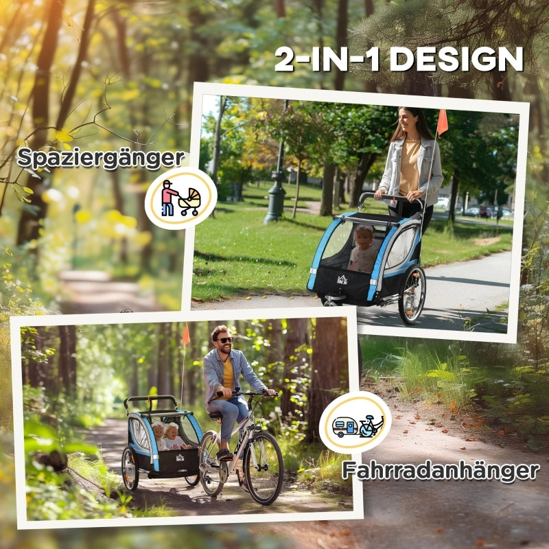 RIMORCHIO BICI 2-in-1 per 2 Bambini 142x75x101 cm Blu in Poliestere