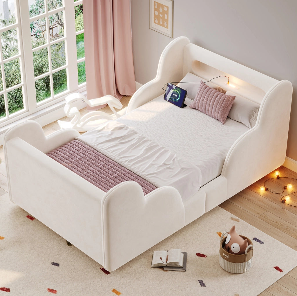 Letto per bambini 90x200 cm con sponde imbottite; luce notturna; USB C; velluto beige