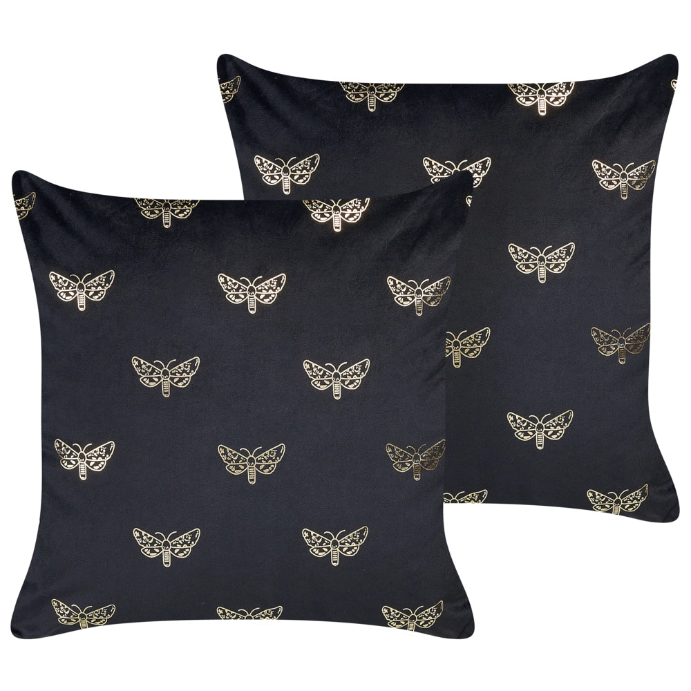 Set di 2 cuscini sparsi in velluto nero 45 x 45 cm Cuscino da lancio con motivo a farfalla Sfoderabile con imbottitura