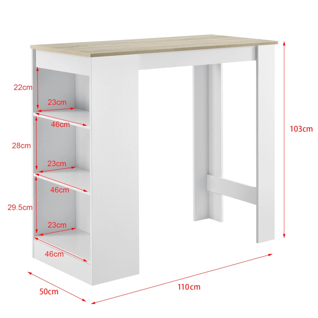 Bancone Tavolo Alto da Bar Kouvola con 3 Scomparti Aperti 110x50x103 cm - Bianco/Effetto Rovere [en.casa]