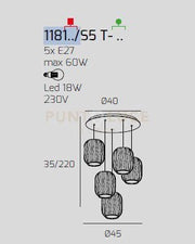SOSPENSIONE CROMO 5 LUCI TONDA VETRI TR + AM + FU + VE + BL 1181CR-S5 T-MC