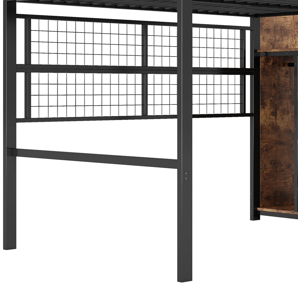 Letto a soppalco in metallo 140x200 cm con guardaroba; scala contenitore; barre appendiabiti; LED 7 colori e spazio aperto; nero