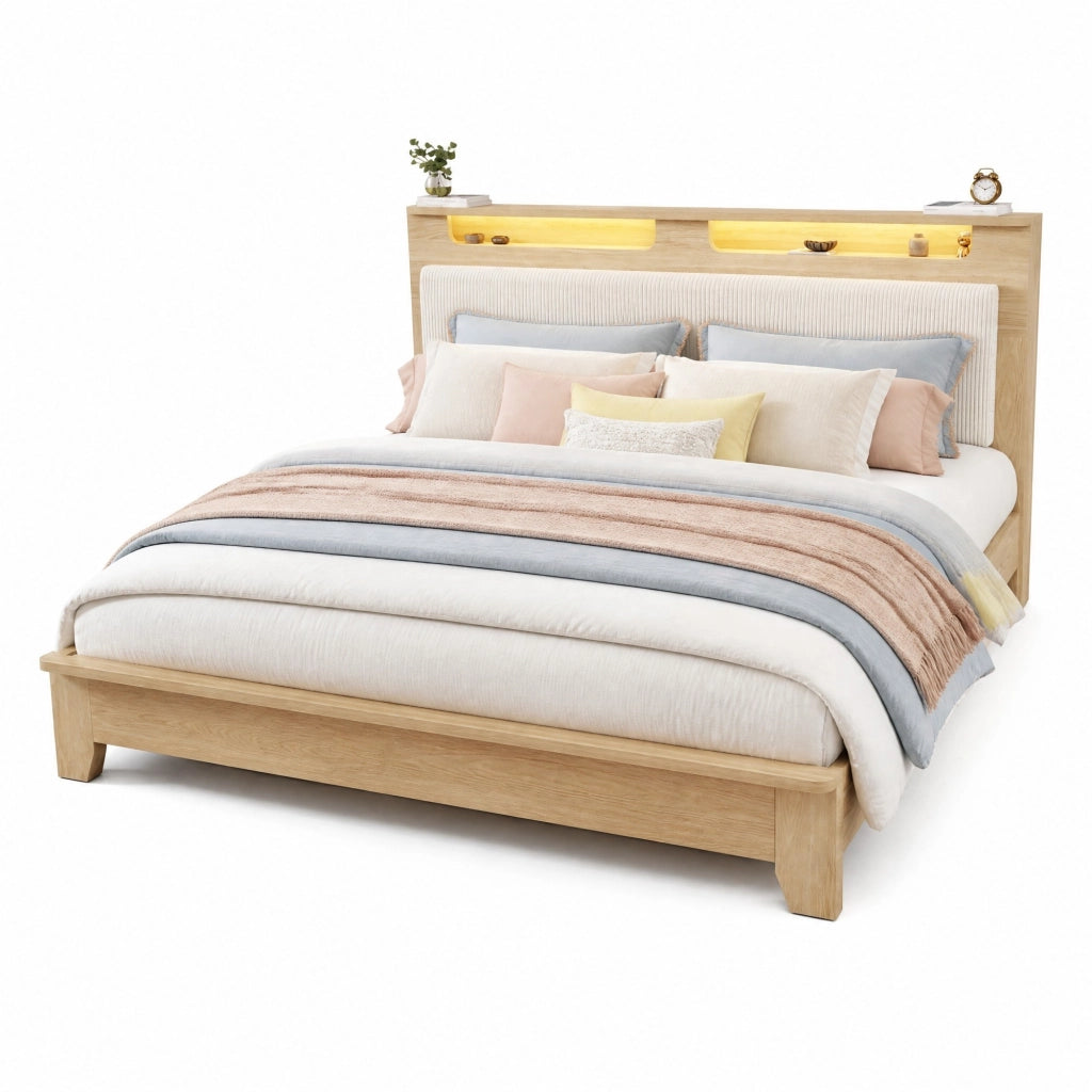 Letto matrimoniale 140x200 cm in legno color quercia chiara con LED, testiera in corduroy beige e materasso incluso