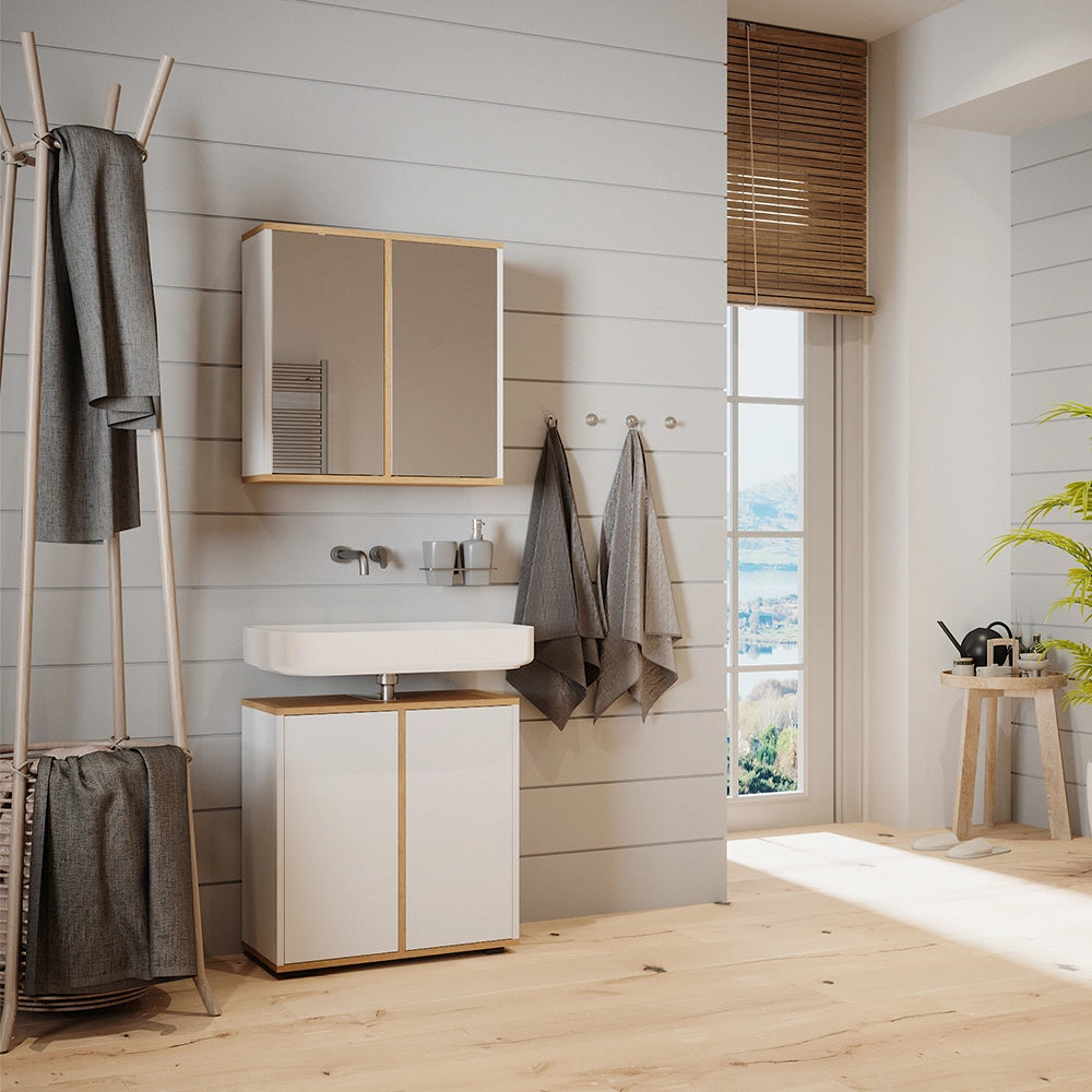 Vicco Specchio contenitore bagno Bianco/Artisan 60 x 60 cm con due porte a specchio