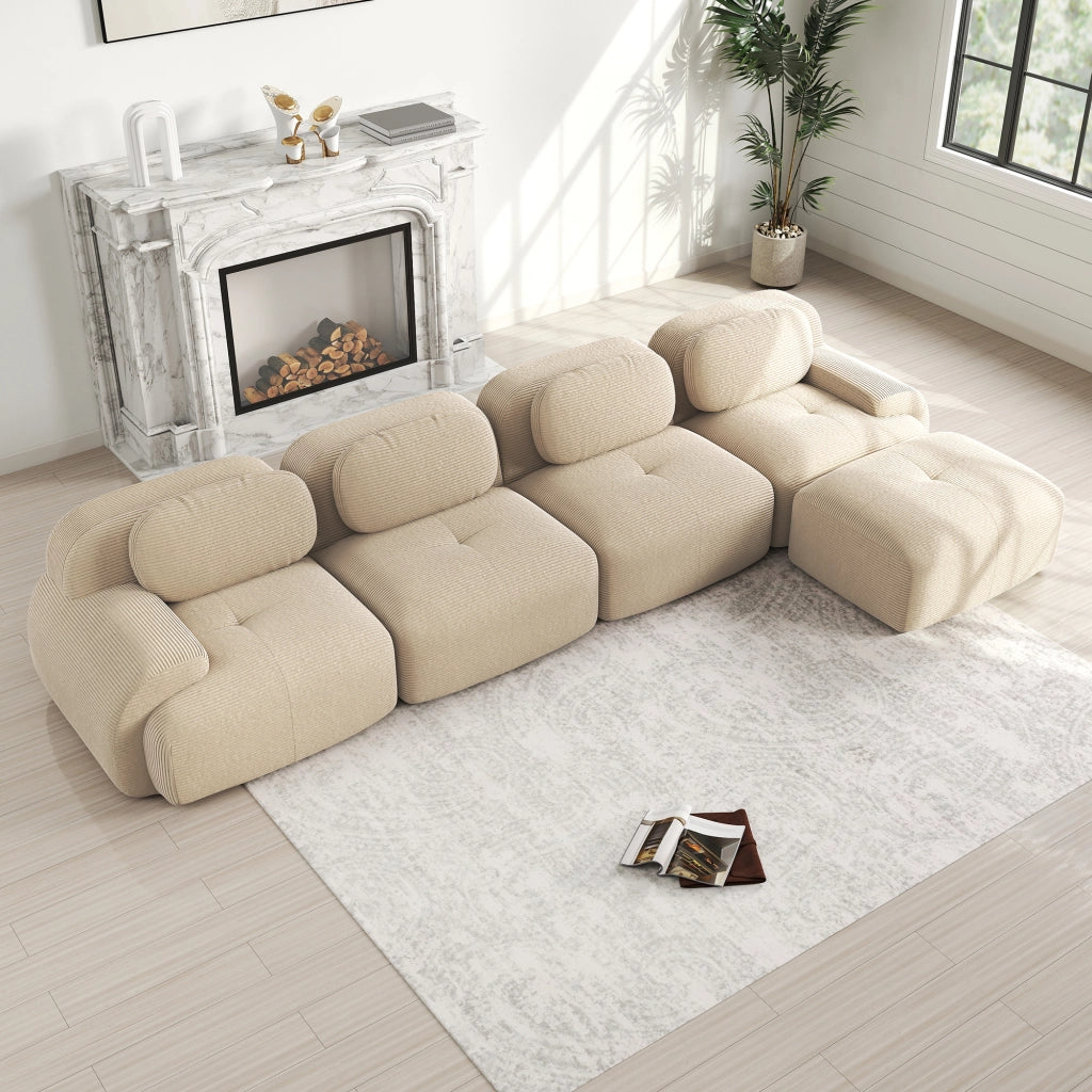 Divano angolare modulare - con schienale regolabile - in velluto a coste beige
