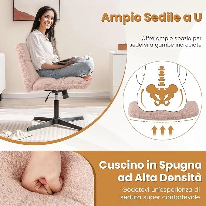 Sedia da Ufficio senza Braccioli, Sedia da Scrivania a Gambe Incrociate con Altezza Regolabile, Rotazione a 360°, Tessuto Morbido, Ampia Seduta Imbottita, Portata 160 kg