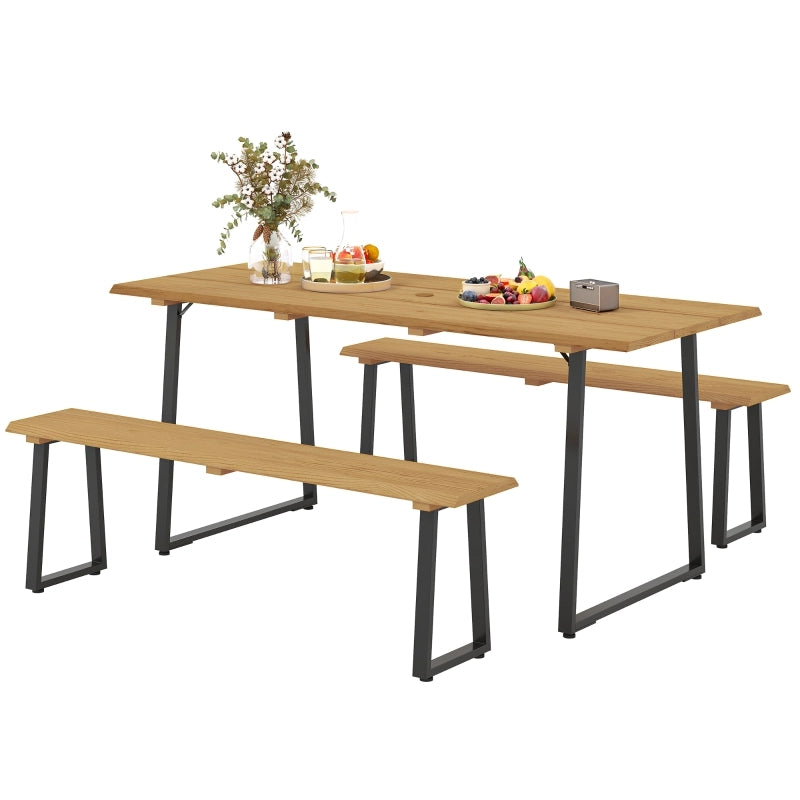 Tavolo da pranzo per esterni con 2 panche e foro ombrellone, in legno e acciaio, per giardino, 178 × 76 × 77 cm