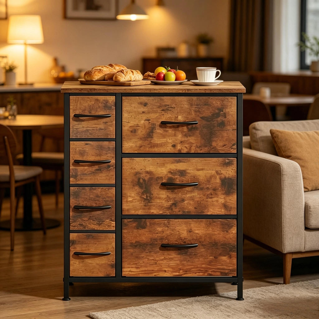 Mobile contenitore vintage con 7 cassetti in tessuto, in metallo e legno, per soggiorno e camera, 63,5 × 30 × 73 cm