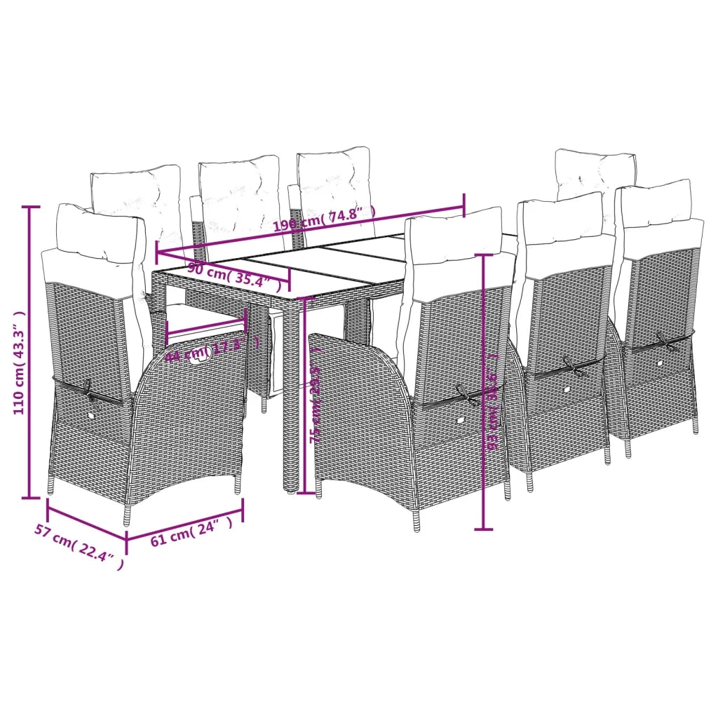 Set da Pranzo da Giardino 9 pz con Cuscini in Polyrattan Grigio 3213331