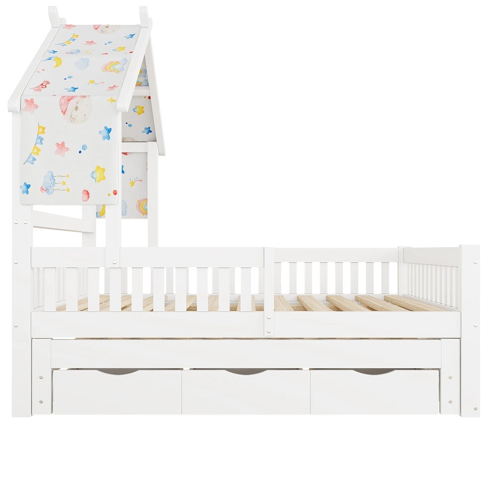 Letto Casetta con Letto Estraibile, 3 Cassetti e Sponde ¨C Xylo ¨C Bianco 140x200