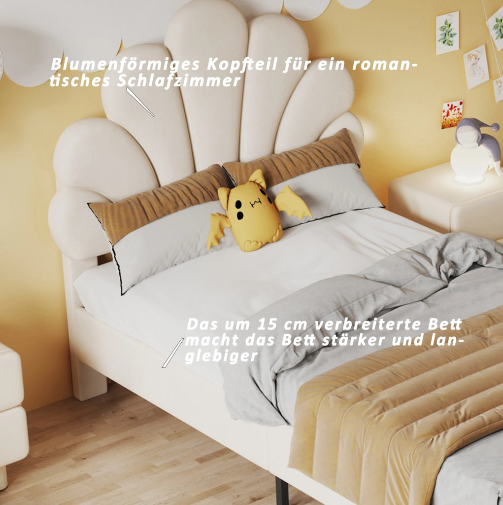 Letto imbottito 90x200 cm con testiera a forma di fiore; velluto beige