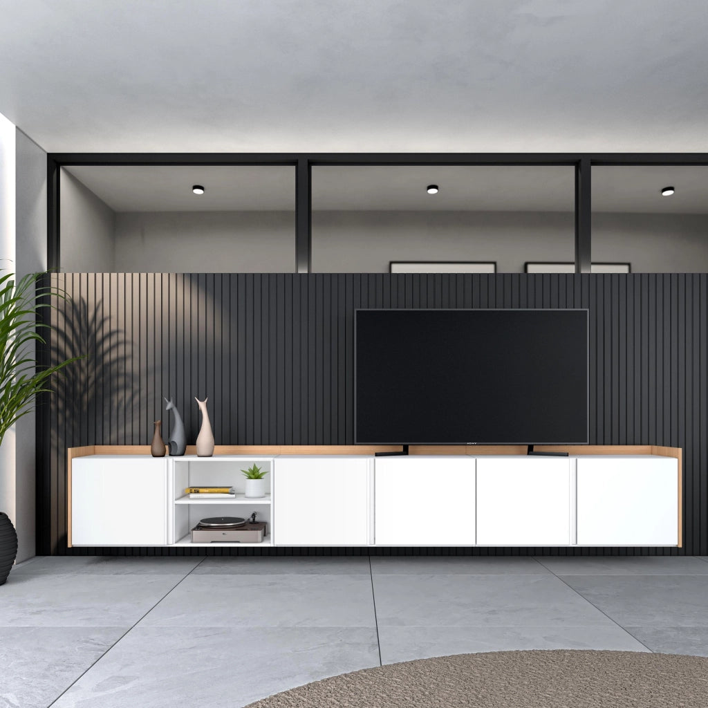 Mobile TV Soggiorno, 309x50x35 cm, Per TV fino a 80", Sospeso, da appendere, Bianco e Rovere soft