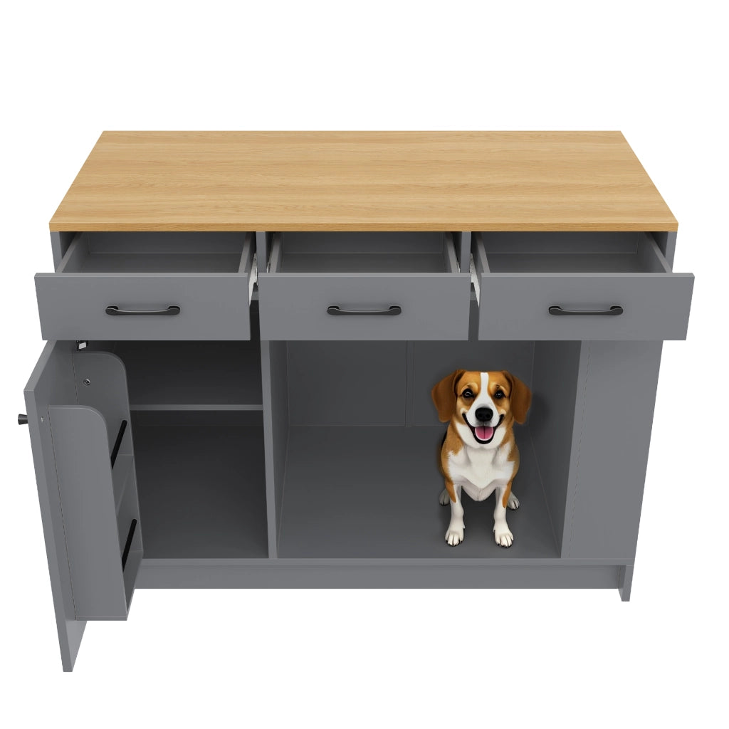 Carrello da cucina con 3 cassetti, ripiano regolabile e area per animali, 120 x 60 x 90 cm, naturale/grigio