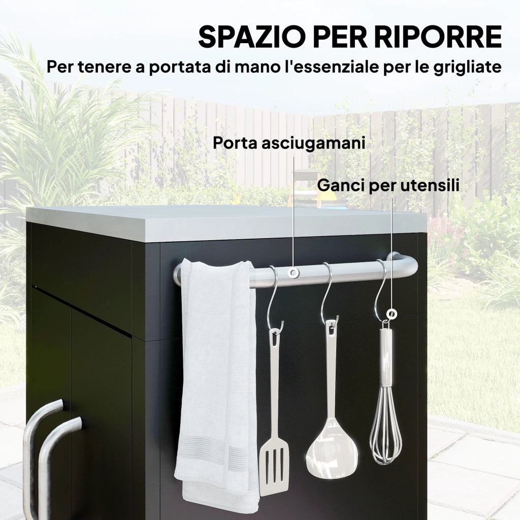 Carrello Cucina in Acciaio con Armadietto e Ganci ¨C Zephmum ¨C Nero 86x50x86.5 cm