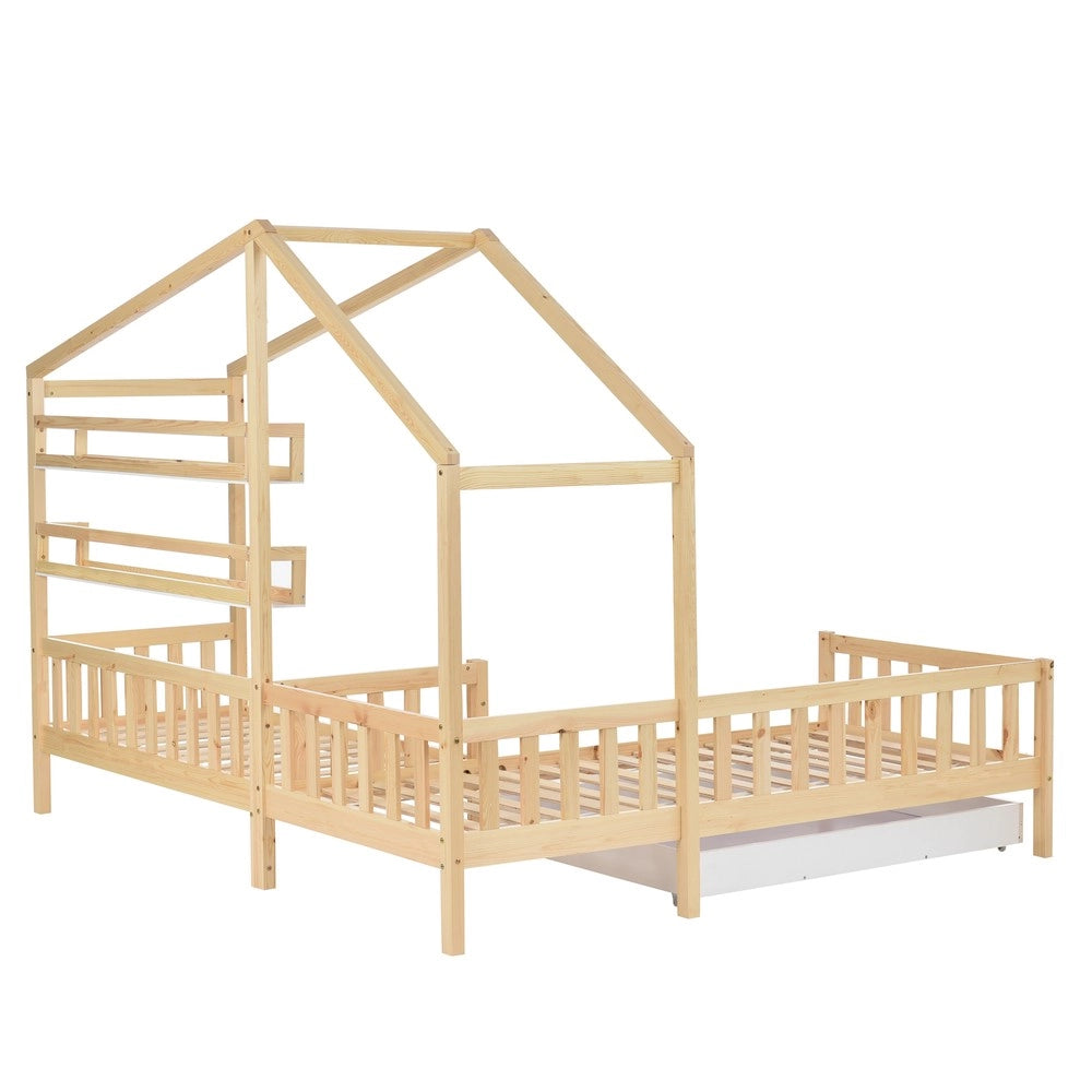Letto Casetta per Bambini con Cassetti e Doghe ¨C MINIMAL ¨C Legno Massello Naturale 90x200 + 140x70
