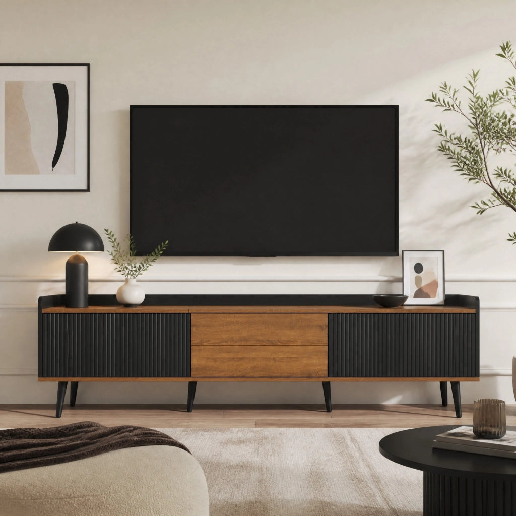 Mobile TV a 3 ante con struttura compatta, nero e finitura naturale