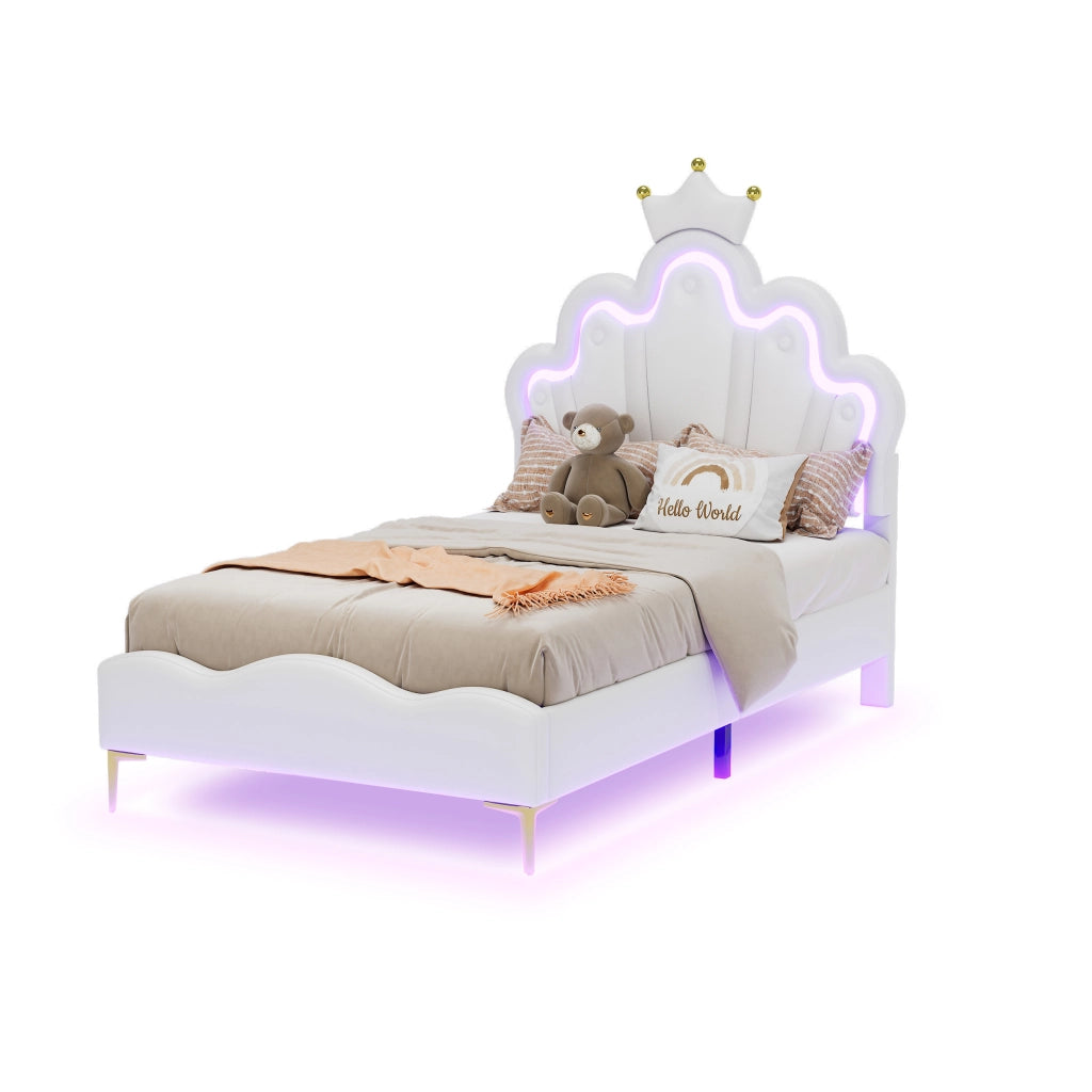 Letto per Bambini 90 x 200 cm; Letto Singolo con LED Regolabile e Testiera Imbottita; senza Materasso; Bianco