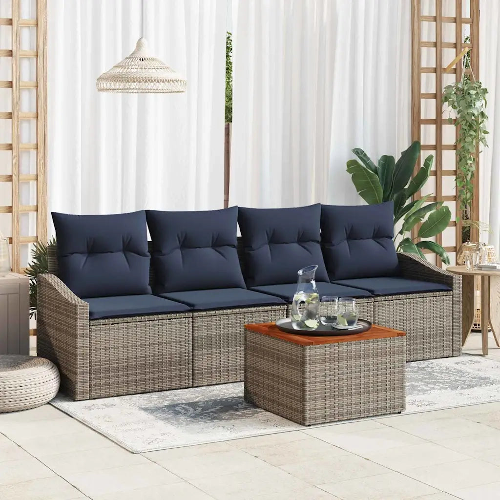 Set Divano da Giardino 5 pcs Grigio e Blu Navy polyrattan