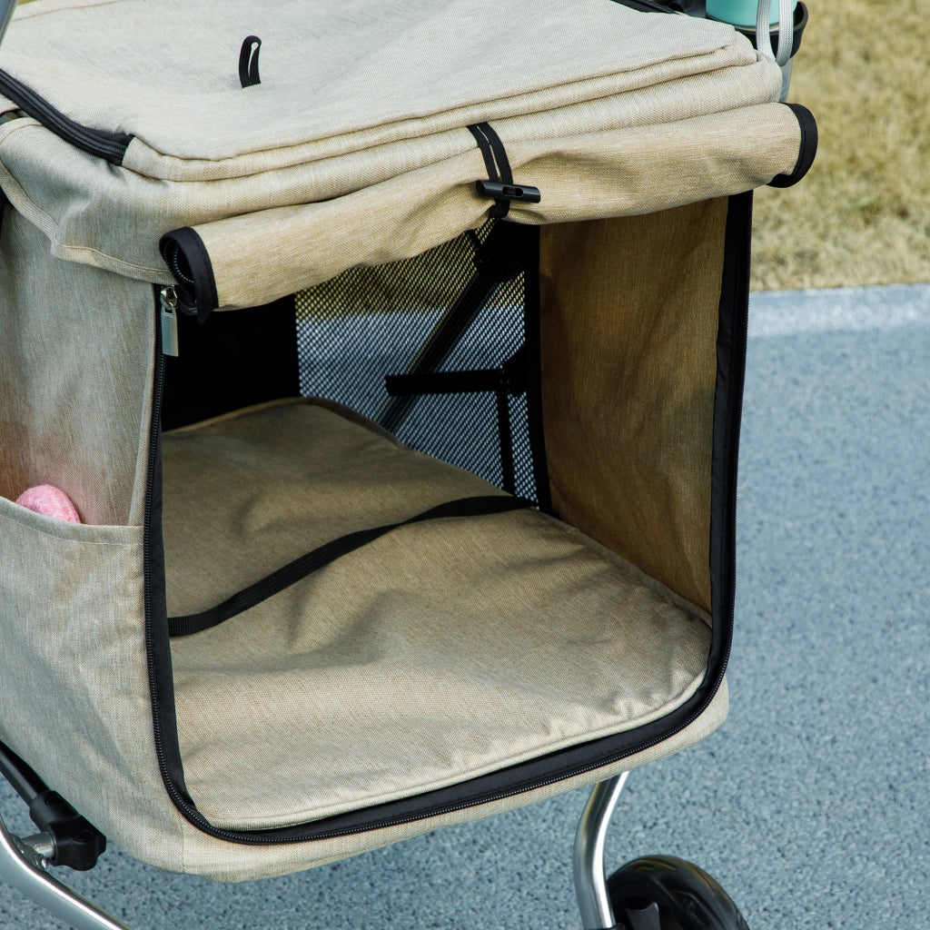 Carrello pieghevole in alluminio per cani e gatti fino a 10 kg con finestre a rete, ruote e freno, khaki