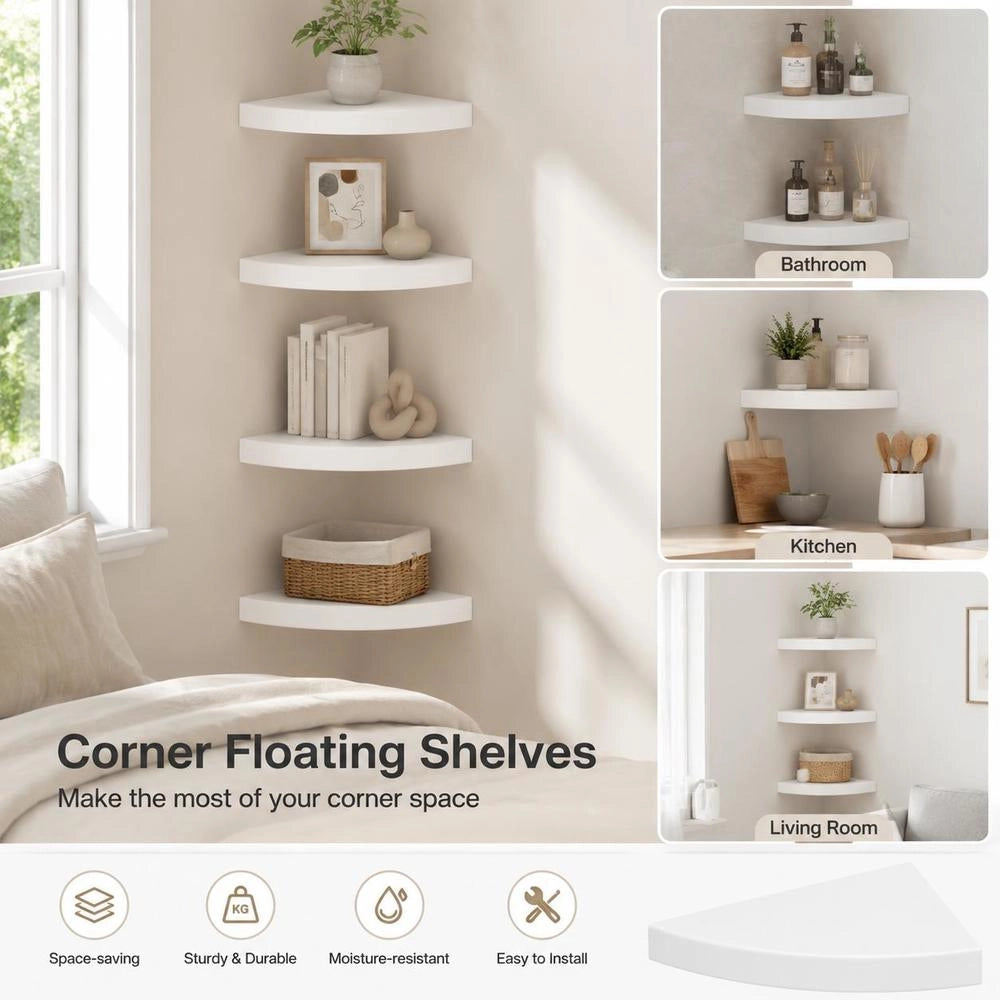 Corner Floating Shelves, 4 Pieces, White, 25x25x3.8 Cm, MDF