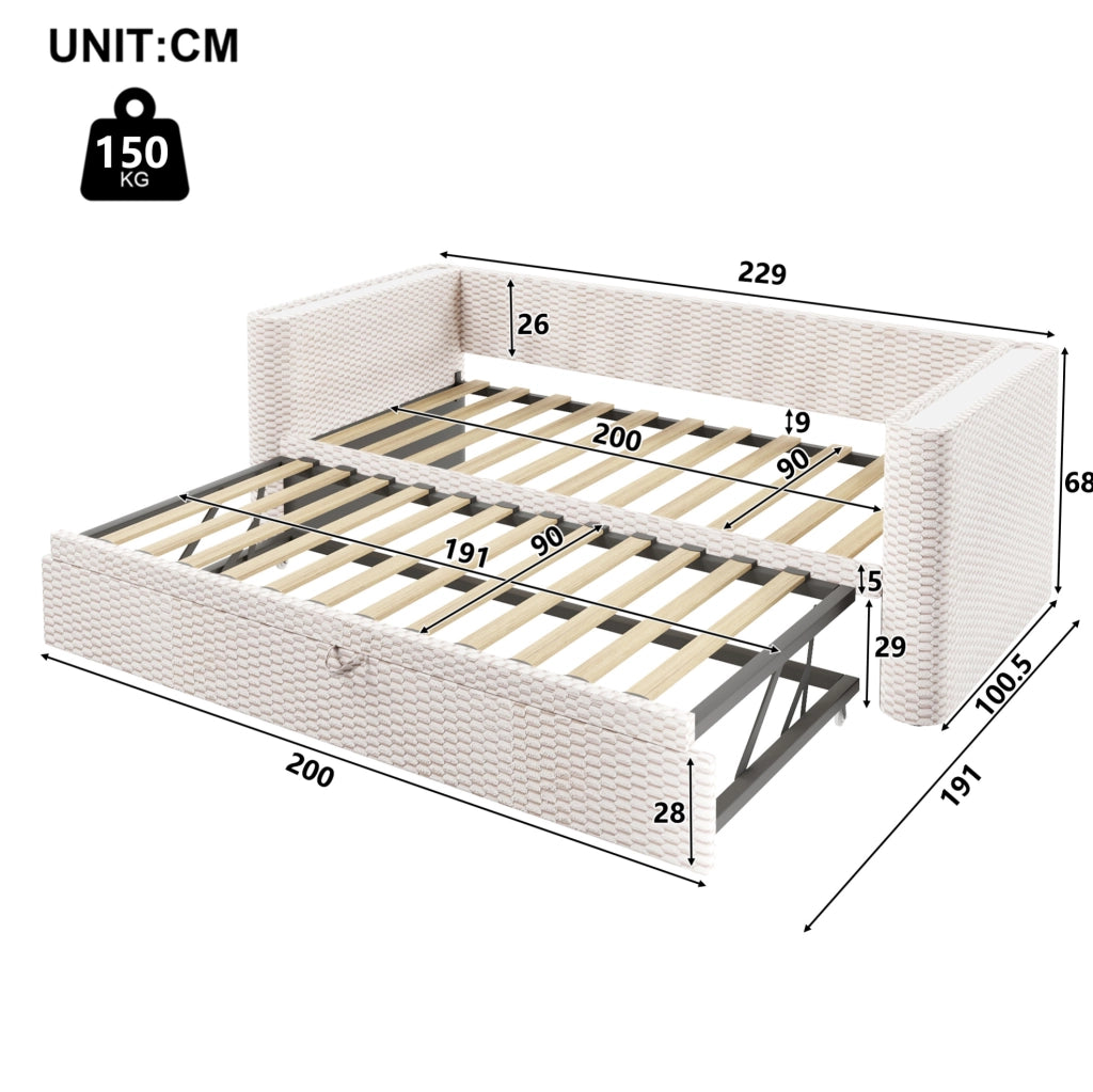 Divano Letto Multifunzionale 90x200 cm con LED e Struttura in Velluto Beige