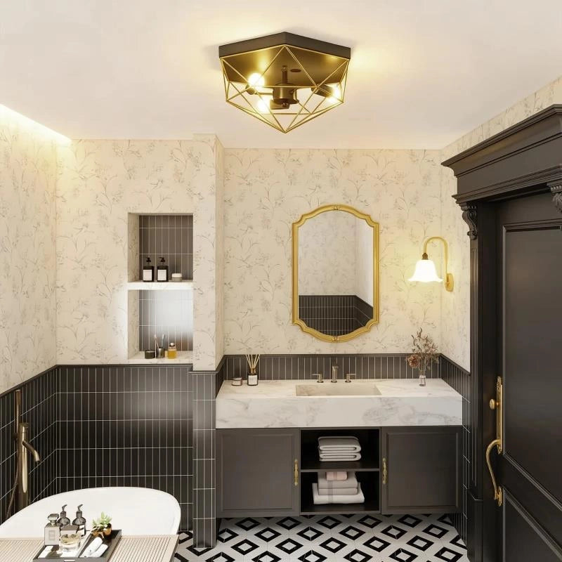 LAMPADA DA SOFFITTO STILE INDUSTRIALE GEOMETRICA CON 3 ATTACCHI E27 PER LAMPADINE LED, NERO E ORO