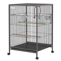 Gabbia per Uccelli in Acciaio e PP con 5 Porte, 2 Posatoi e Vassoio Estraibile, 48x46x74 cm, Grigio