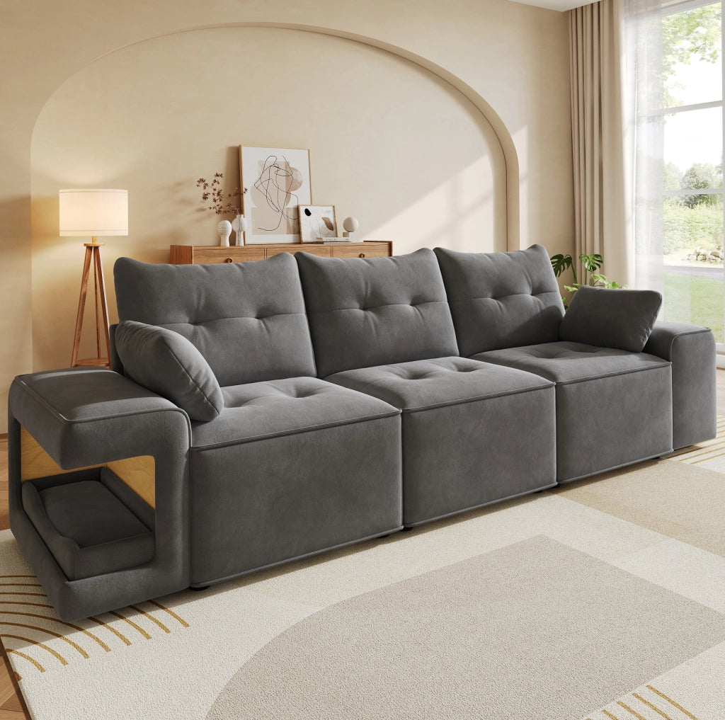Divano modulare 3 posti con vani contenitore e nicchie per animali; 229;5 cm; velluto grigio