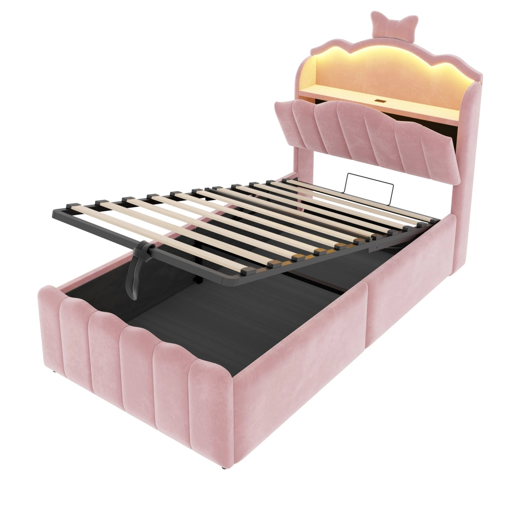 Letto per Bambini 90x200 cm; Contenitore Idraulico; USB; USB-C; LED a Colori; in Velluto; Rosa