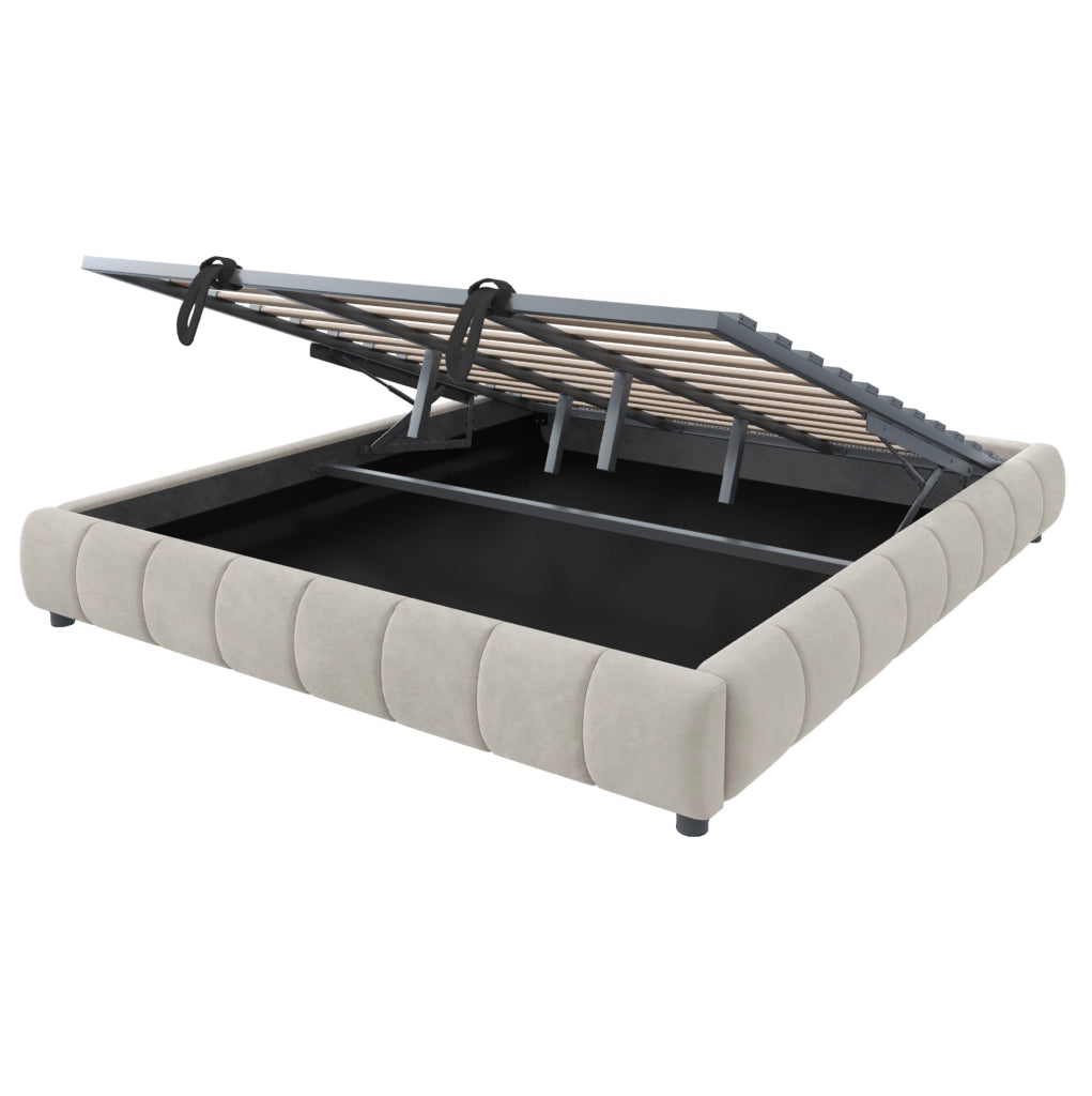 Letto imbottito con sollevamento idraulico, LED integrata e vano contenitore