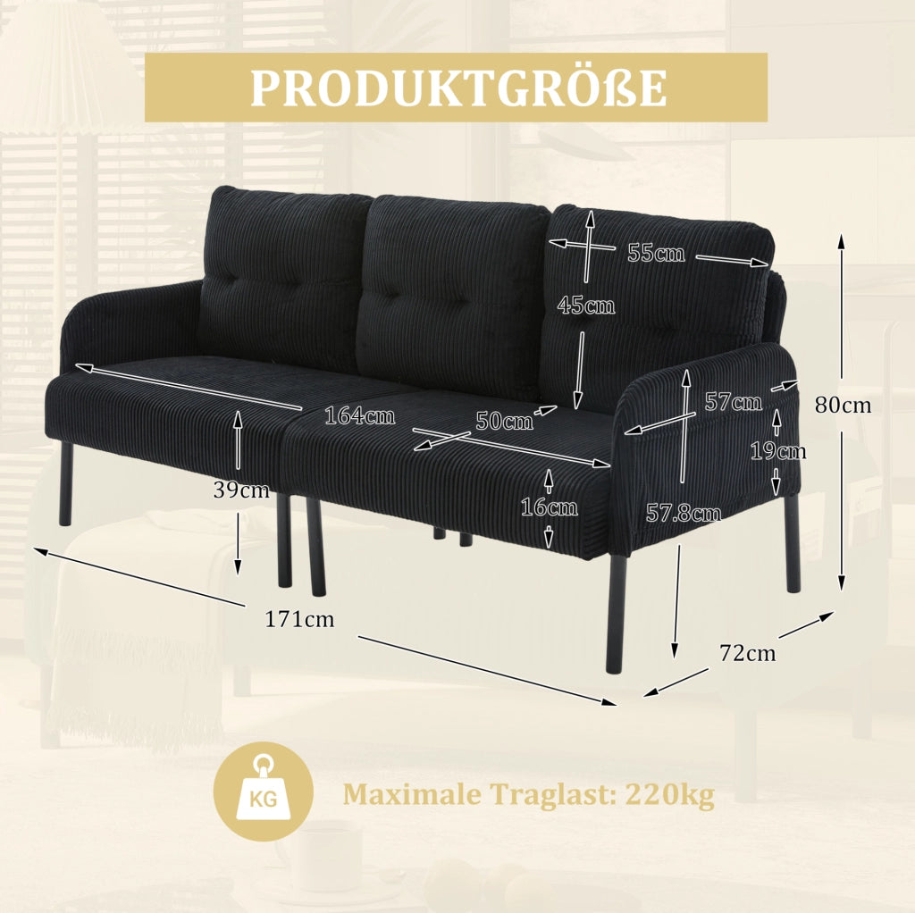 Divano 3 posti in corduroy nero con tasca laterale; struttura in metallo; 171 x 72 x 80 cm