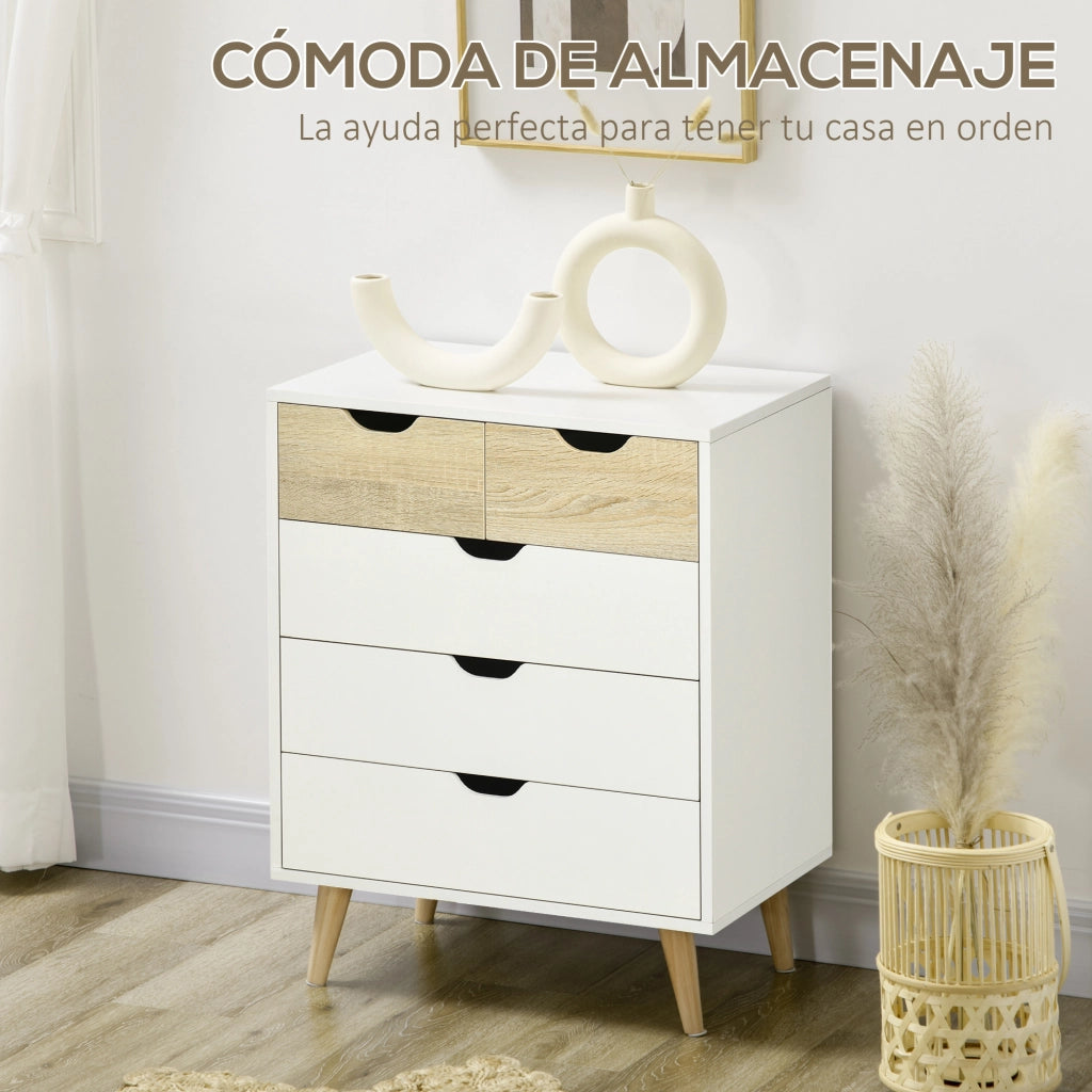 Cassettiera Moderna con 5 Cassetti ¨C Zephmum ¨C Legno Effetto Naturale e Bianco 60x40x77,5 cm