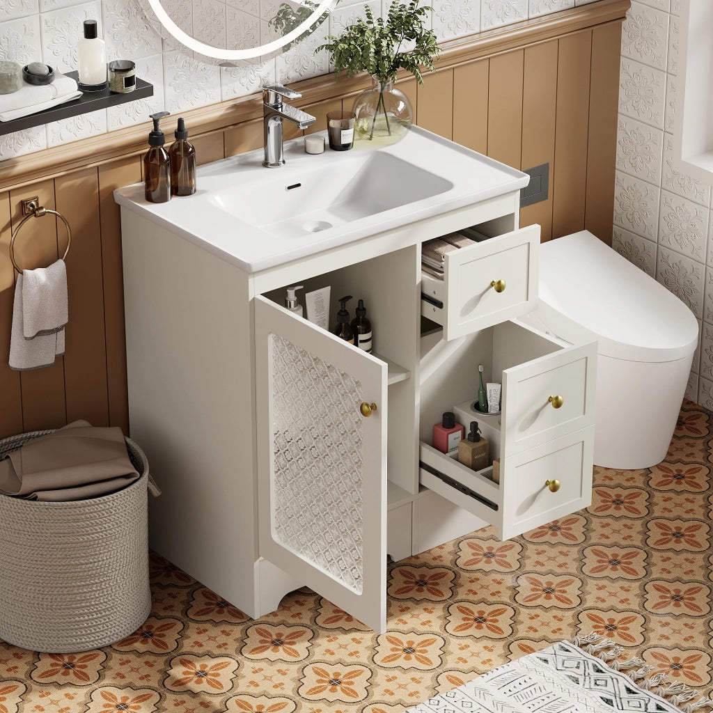 Mobile Bagno con Lavabo in Ceramica, LED, Vetro e Maniglie Dorate ¨C MINIMAL ¨C Bianco