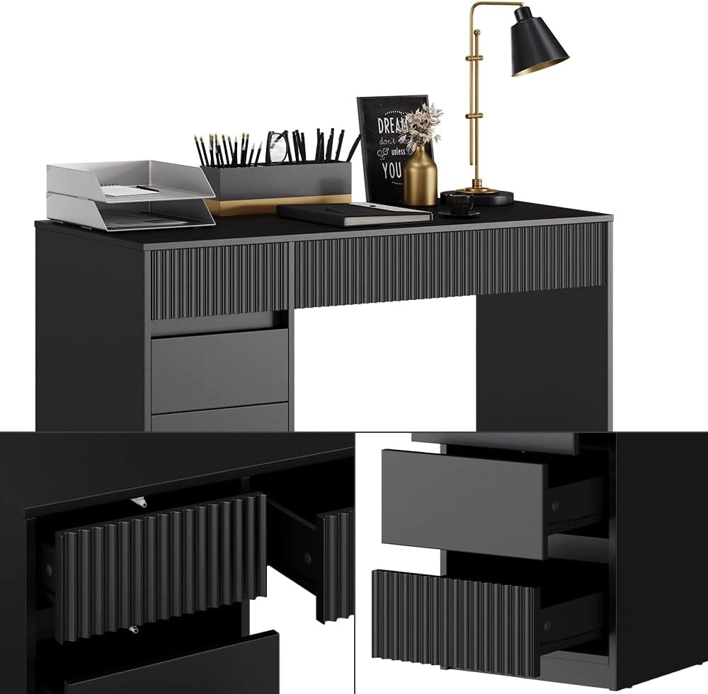 Scrivania Omira, Nero, 120 x 55 cm con 5 cassetti, adatto come postazione di lavoro per home office e studio