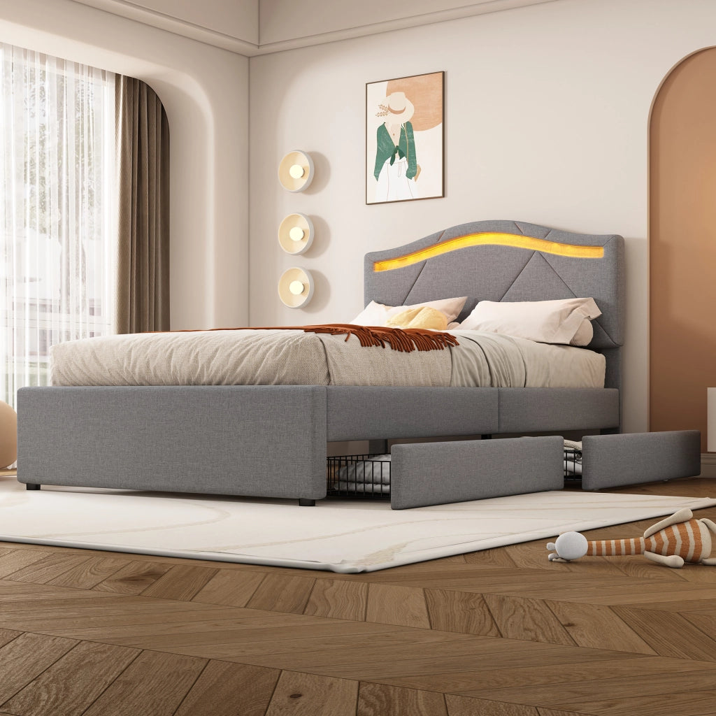 LETTO con LED e 2 cassetti 90x200 cm Lino e MDF Grigio