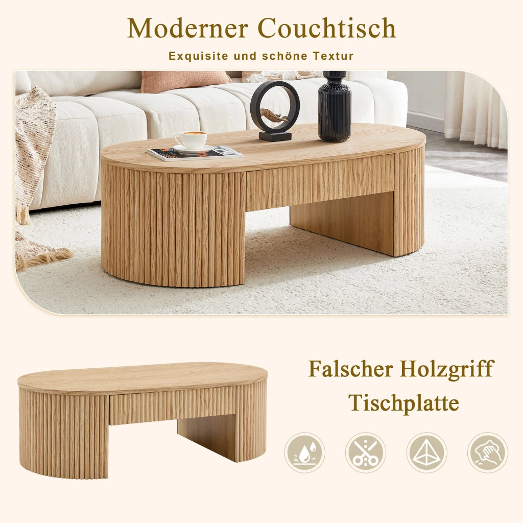 Tavolino basso ovale con cassetto e vano aperto frontali zigrinati in MDF effetto rovere chiaro per soggiorno 118 × 65 × 17 cm