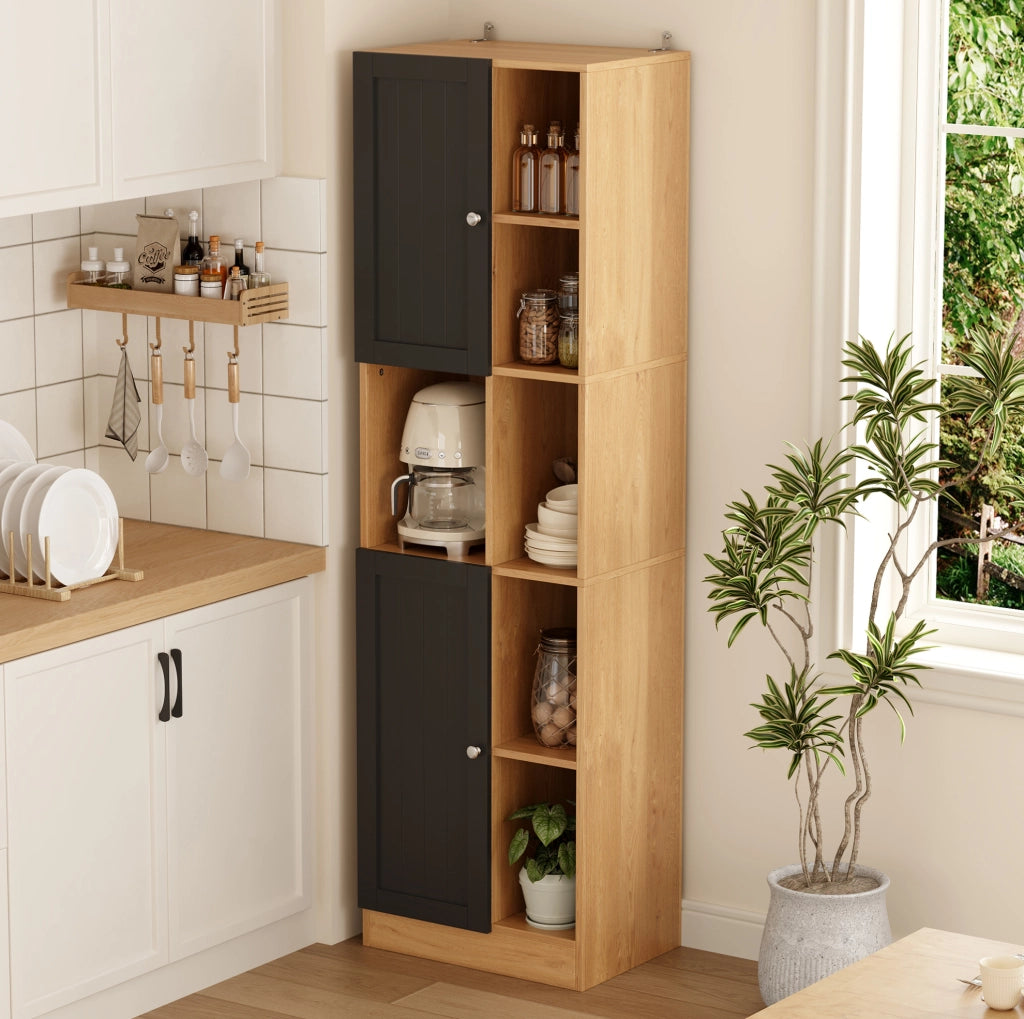 Armadio angolare alto con 6 ripiani aperti e 2 ante 50x35;5x170 cm in MDF nero e naturale