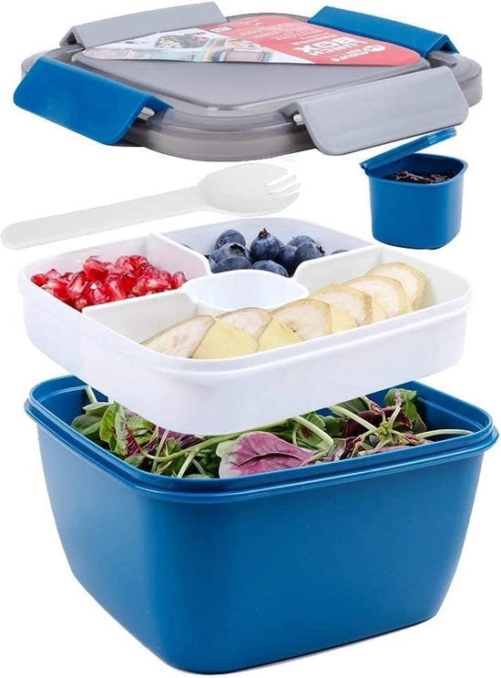 Contenitore per insalata, contenitore per pranzo, Bento Box per pranzo, 3 cesti per insalata e snack, contenitore per salsina con contenitore per salse, impermeabile, resistente al microonde, 1500 ml, blu scuro