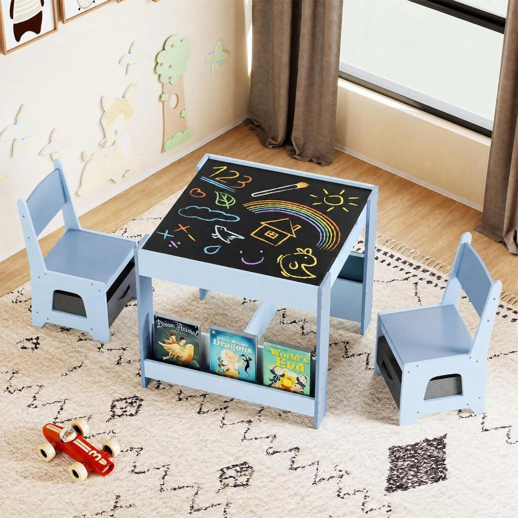Set Tavolino Bambini con 2 Sedie per 3+ Anni, Tavolo e Sedie 4 in 1 con Lavagna Rimovibile, Librerie e Scatola in Tessuto, Mobile Salvaspazio per Scuola e Cameretta (Blu, Stile 3)