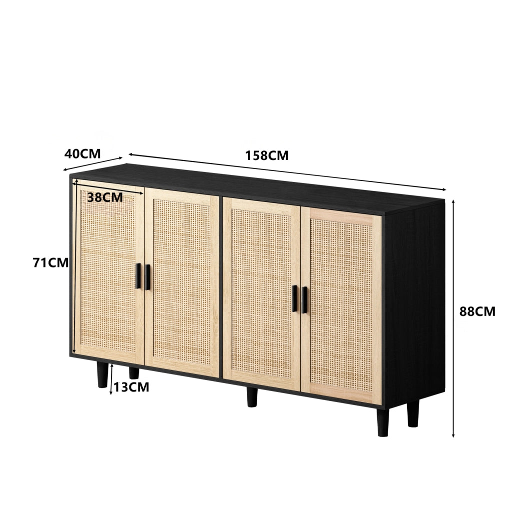 Credenza con 4 ante in rattan 158 x 40 x 88 cm nera