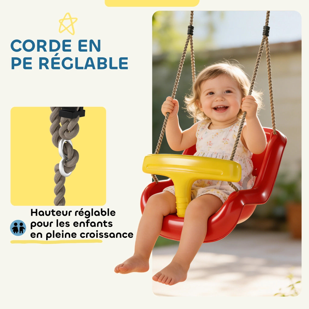 Altalena per bambini ¨C Xylo ¨C con schienale alto, barra di sicurezza, altezza regolabile, rosso e giallo