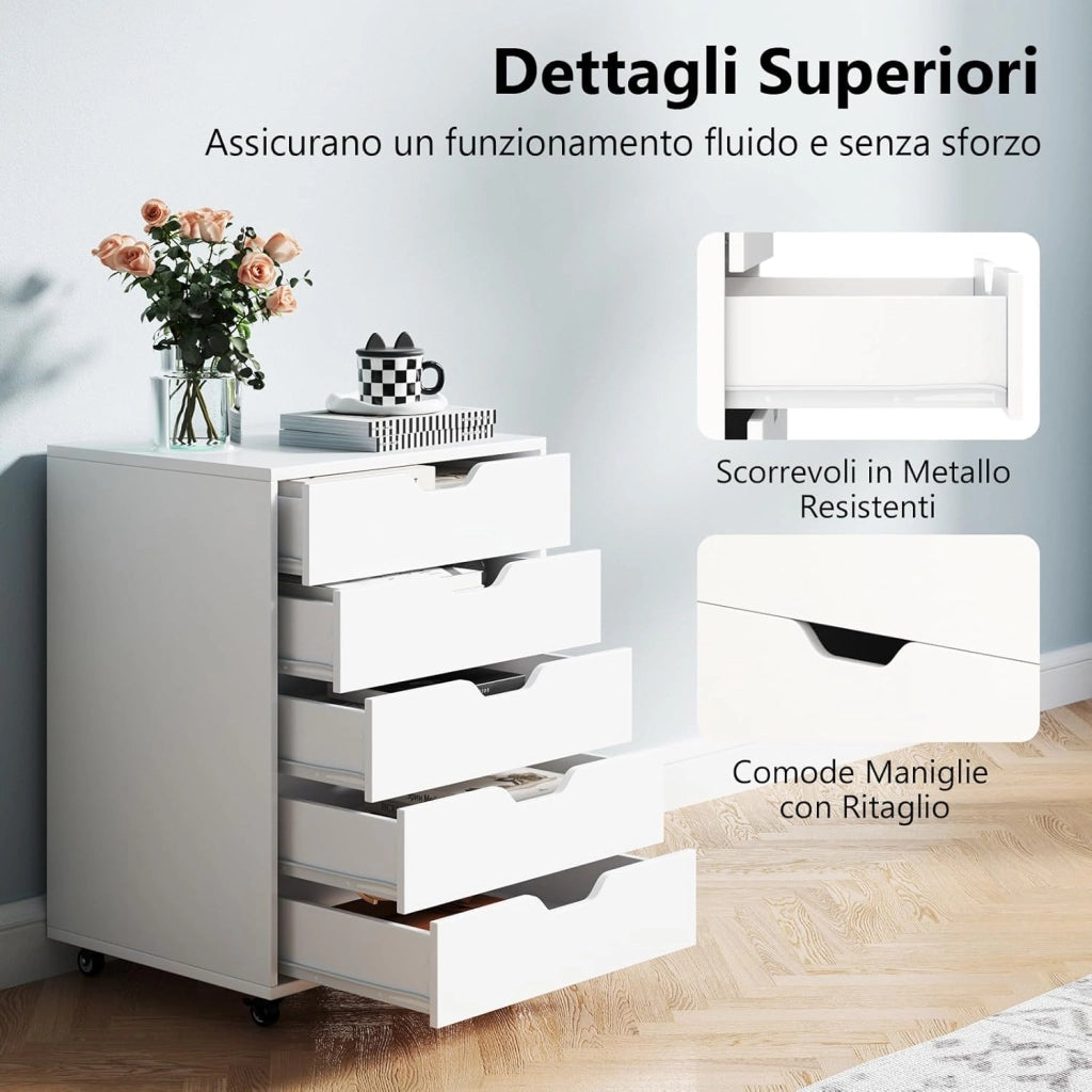 Cassettiera da Ufficio con 5 Cassetti e Ruote, Mobiletto Multiuso per Documenti e Cosmetici, Comodino con Ruote per Camera da letto, Studio, Ufficio e Soggiorno (Bianco)
