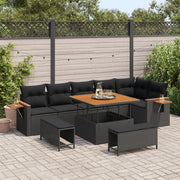 Set Divano da Giardino 9 Pezzi con Cuscini Nero Polyrattan Acacia