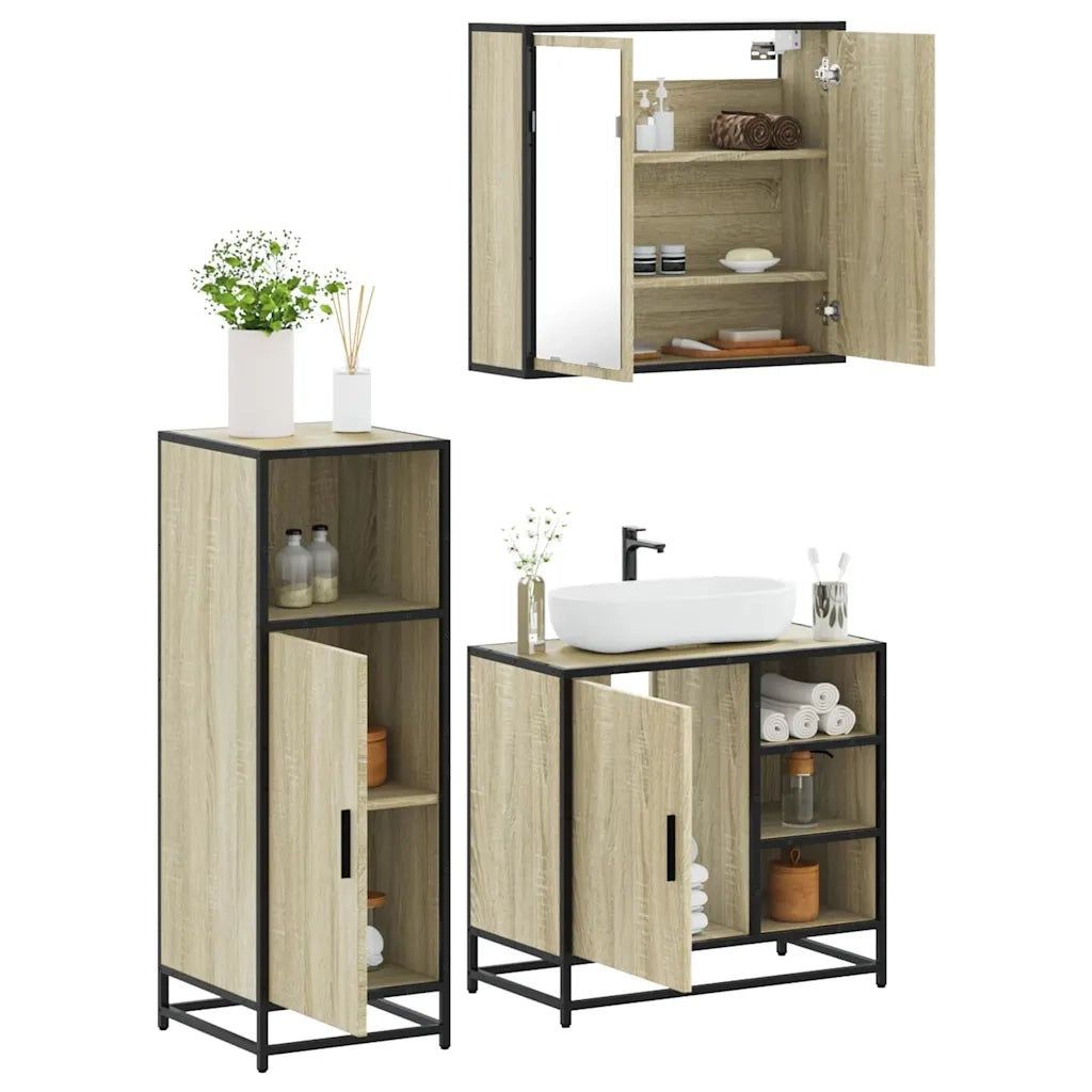Set Mobili da Bagno 3 pz Rovere Sonoma in Legno Multistrato