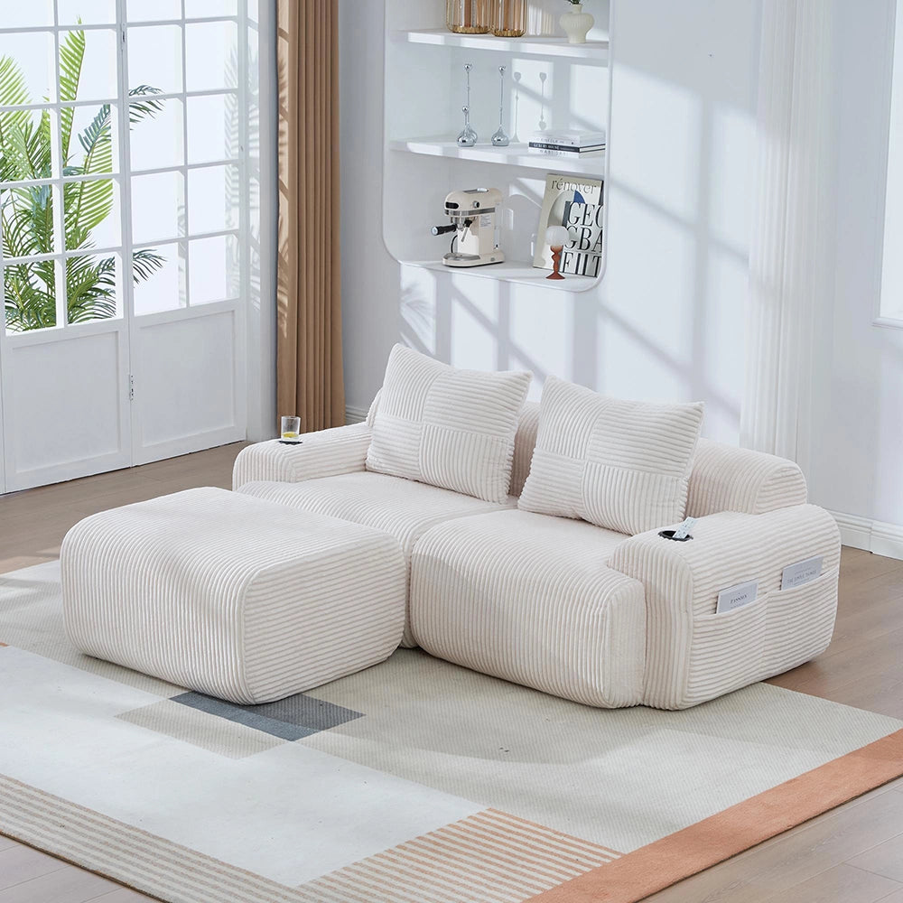 Canap¨¦ modulable in velluto costato per 2 persone - Xylo - Beige con porta-bevande e tasche laterali