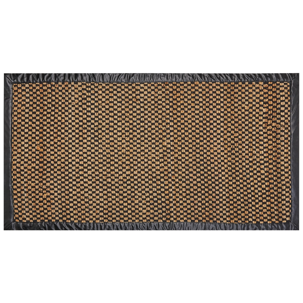 Tappeto in iuta e pelle rettangolare con motivo a scacchi intrecciato a mano nero e beige 80 x 150 cm stile rustico