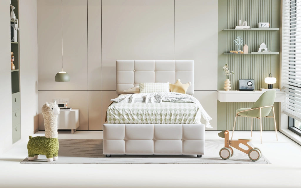 DESMIU Letto per Bambini 1 Piazza con Contenitore e Testiera Regolabile 90 × 200 cm, senza materasso, Beige