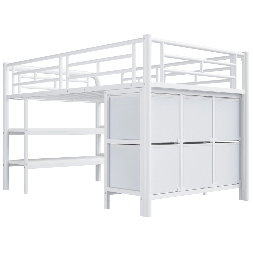 Letto a soppalco basso per bambini 90x200 cm in metallo e MDF, con scala larga, cassetti e ripiani, colore bianco